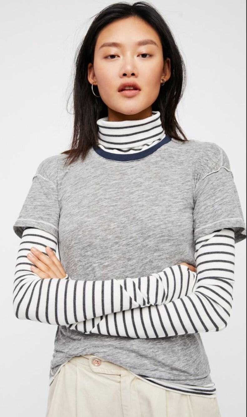 NWT Free People Two Fer Stripe Turtleneck Heater Grey Combo Layered Top Medium